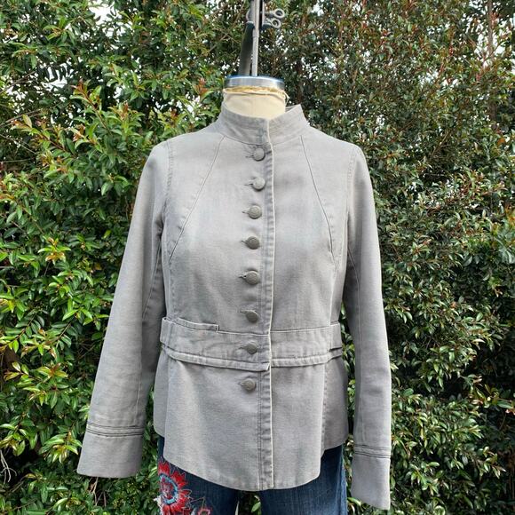 Free People Gray Military Band Button Down Ruffled Cotton Jacket Lined 12 - Picture 1 of 9